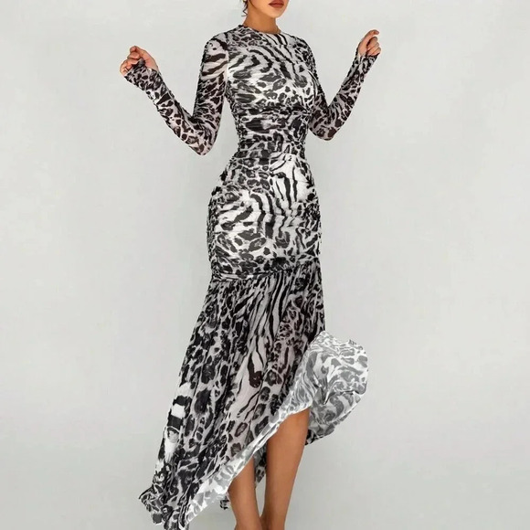 Grey Elegant Women's Mesh Leopard And Zebra Print Asymmetrical Hem Long Dress - Picture 3 of 5